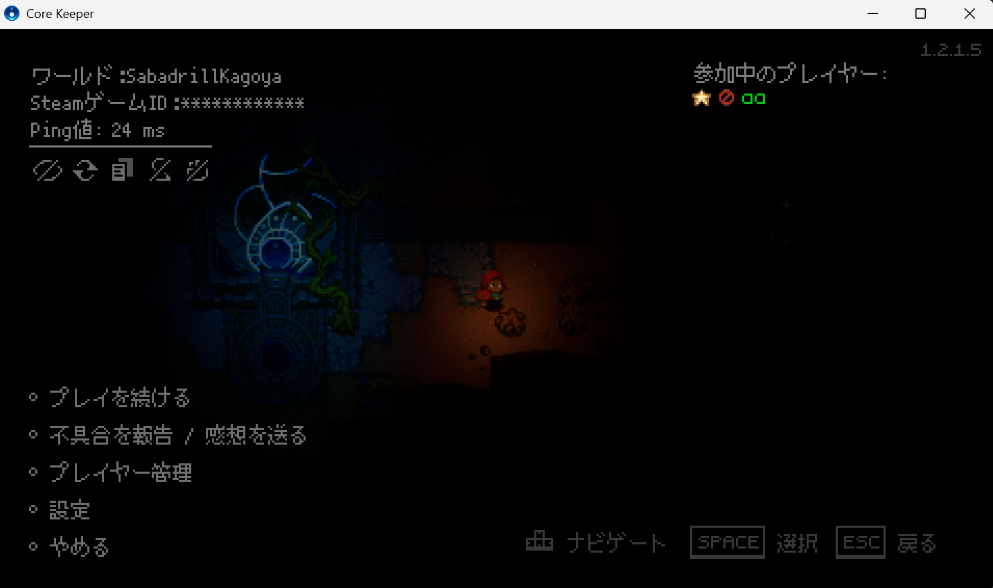 VPSに建てたサーバーへ接続できた画面。Ping値は24ms、Game IDはマスク