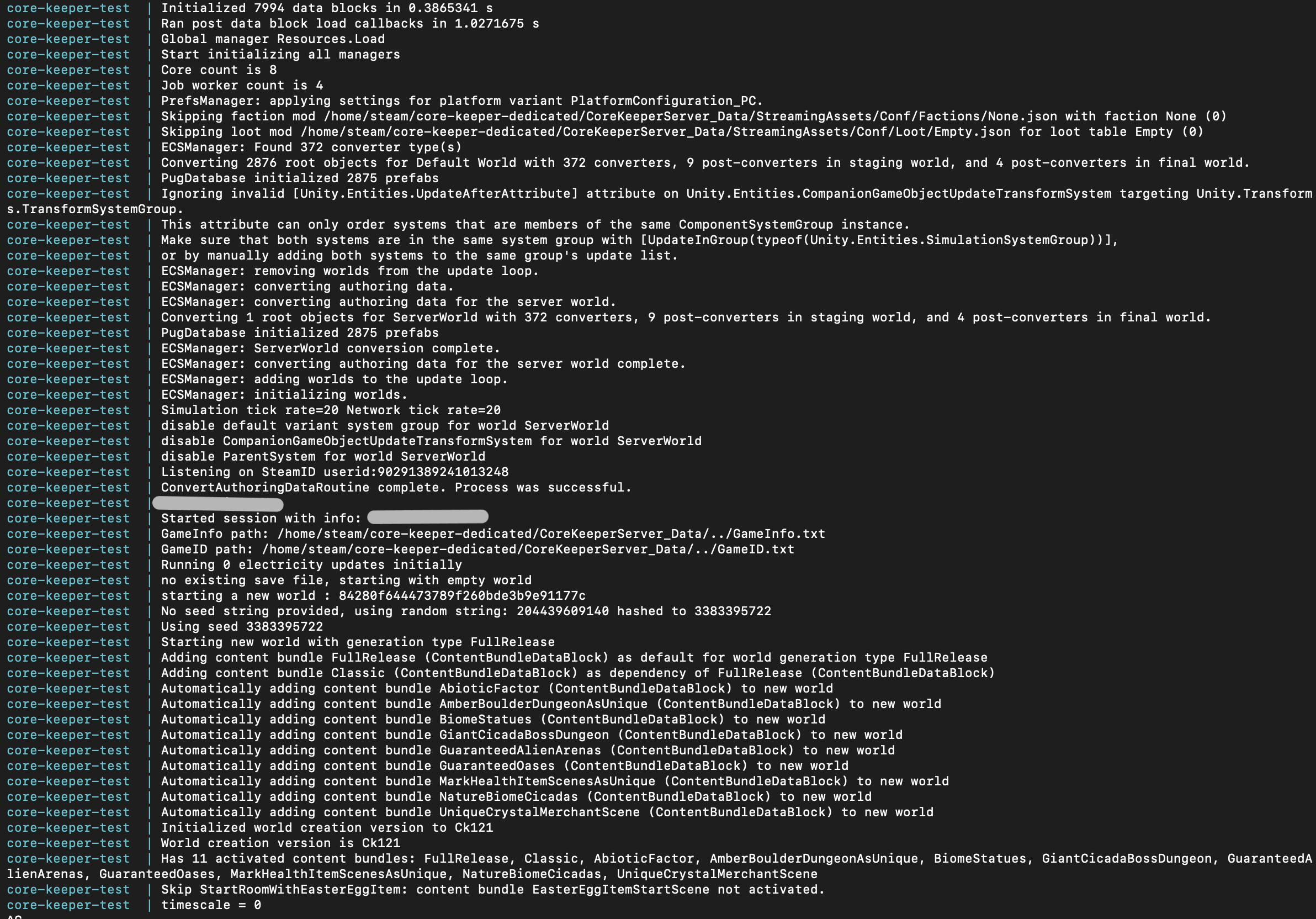 環境変数を足したあとのARMでの起動ログ。Listening on SteamID のあとGame IDが発行される（IDはマスク）