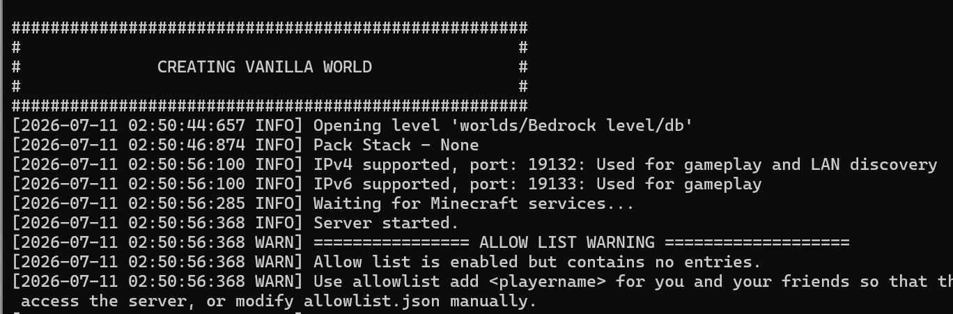 box64経由でBDSが起動し、Server started.が表示された実機ログ