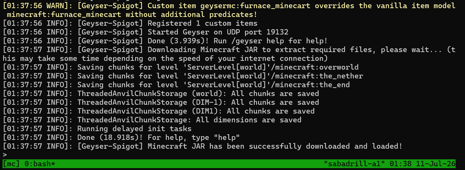 起動ログ。FloodgateとGeyserが読み込まれ、UDP 19132でGeyserが立ち上がった