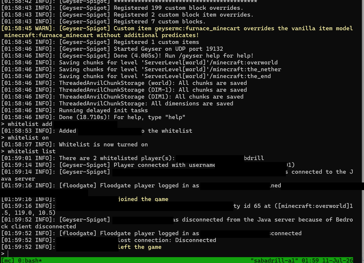 解決の実録ログ。whitelist add .ゲーマータグが通り、joined the gameでワールドイン成功