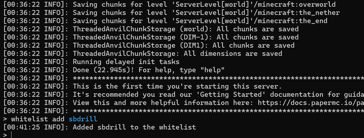 初回起動のDoneログと、whitelist addで登録が通った様子