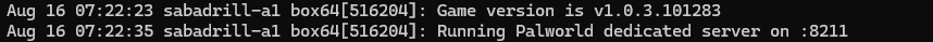 起動成功ログ。Game versionの表示に続いて Running Palworld dedicated server on :8211 が出ている