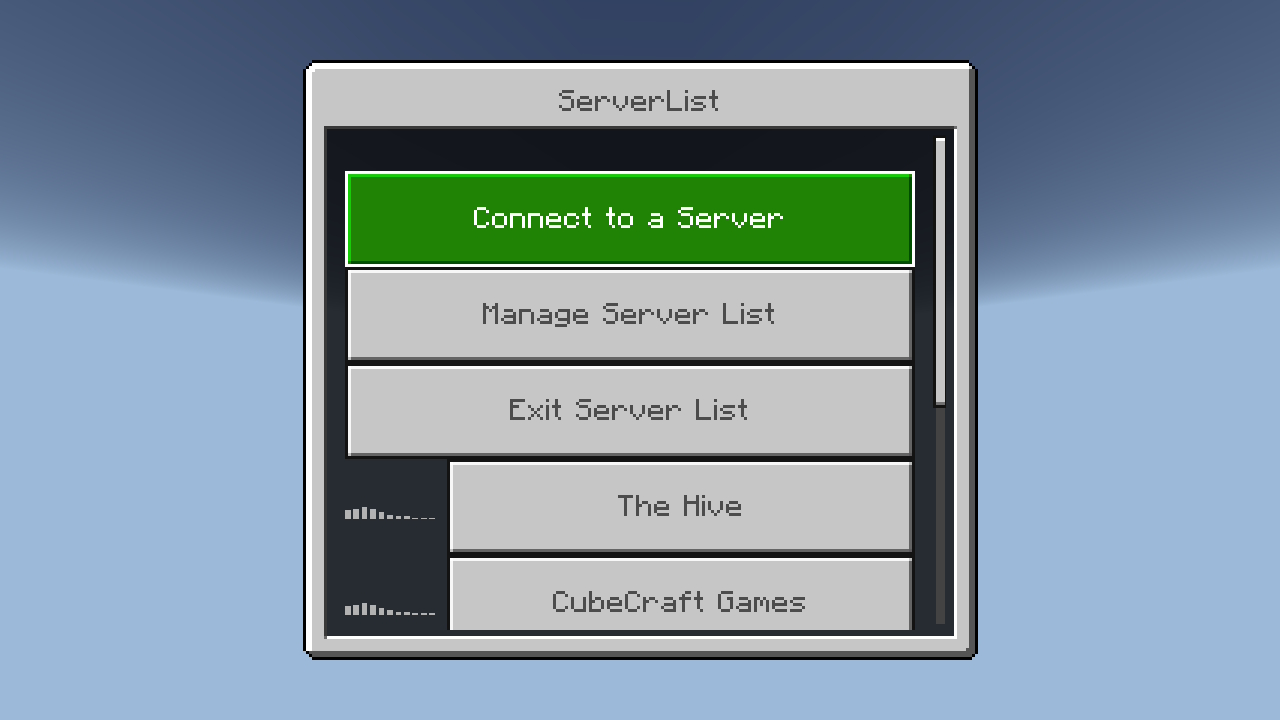 BedrockConnectのServerListメニュー。Connect to a Server / Manage Server List / Exit Server List が並ぶ