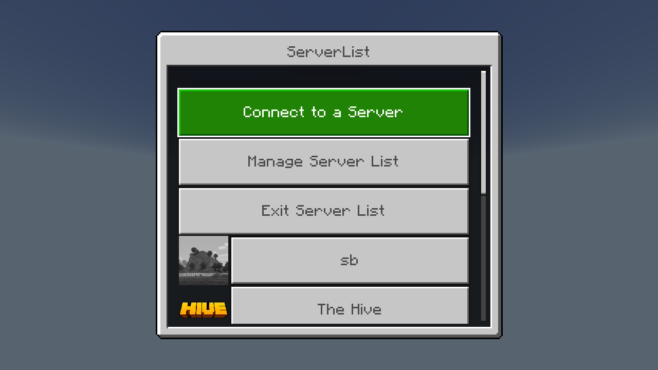 BedrockConnectのServerListに、登録した専用サーバーが表示された状態