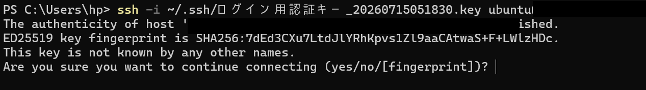 初回接続時のfingerprint確認。yesと入力する
